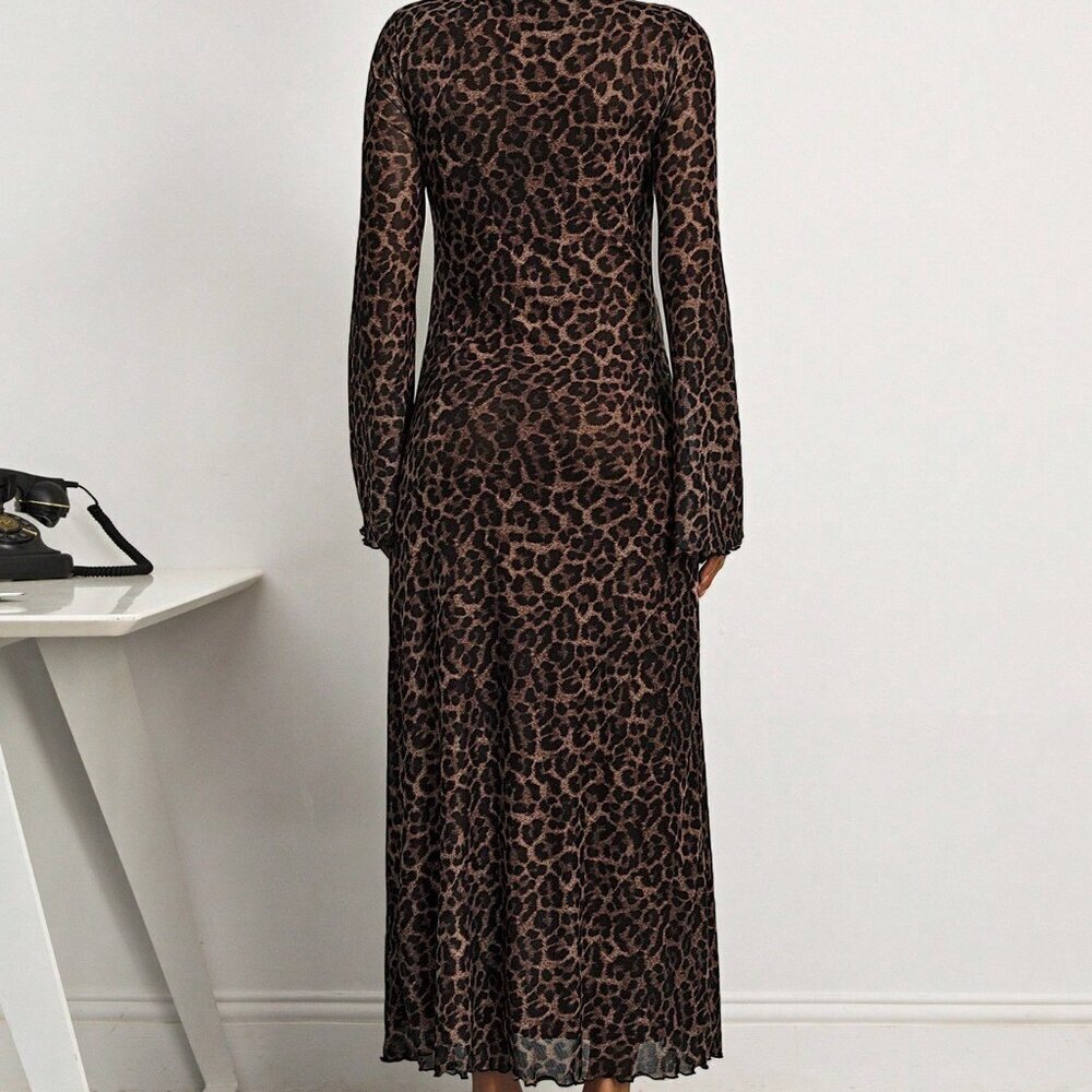 Brown Elegant Women's Casual Leopard Long Sleeve Maternity Dress - Picture 2 of 6